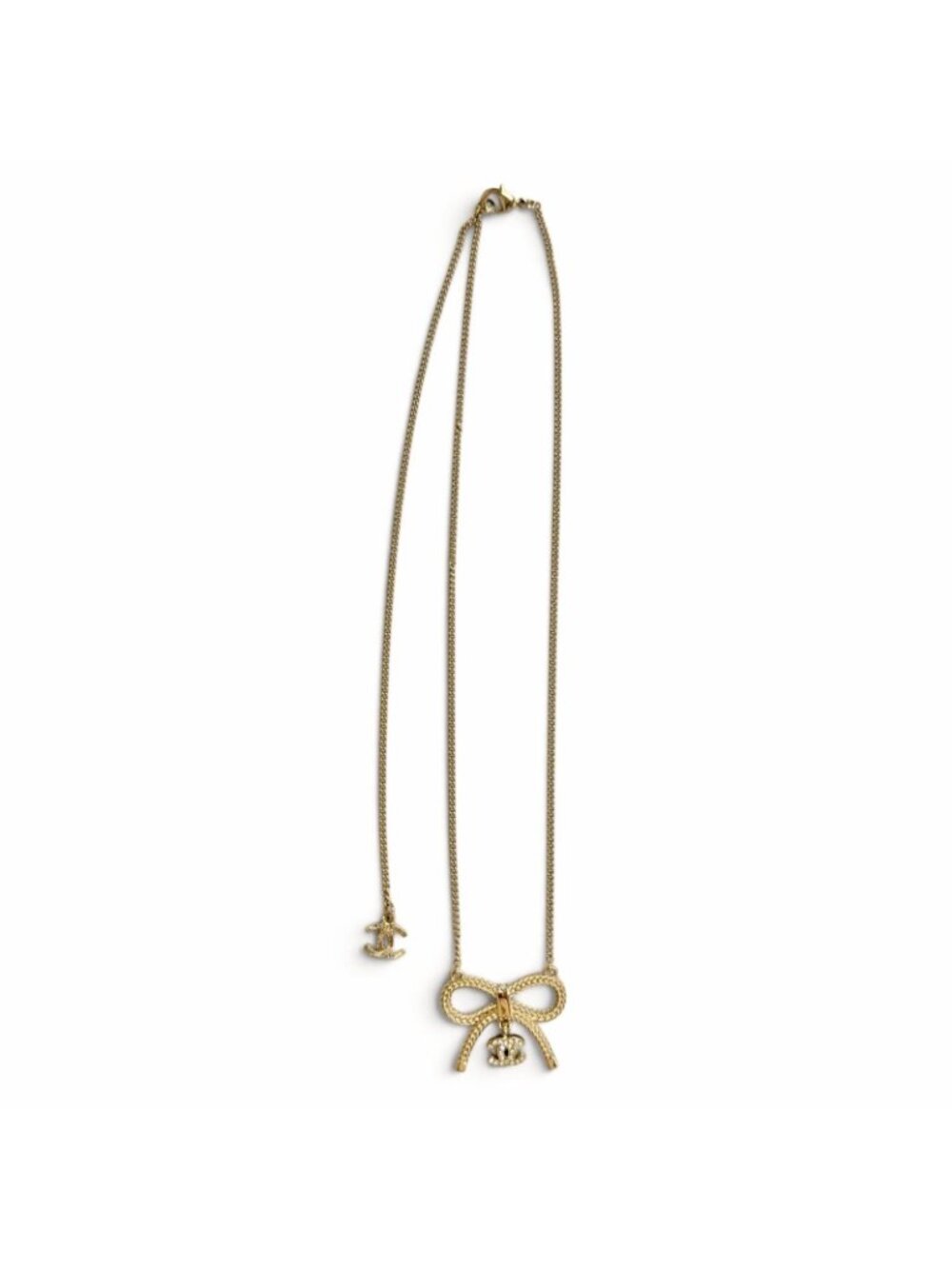 Chanel CC Logo Rhinestone Ribbon Necklace Gold - Picture 5 of 10